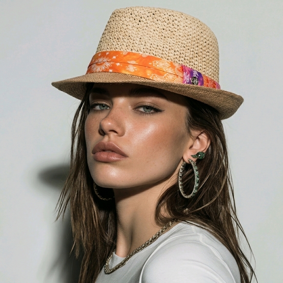 🆕️👒NEUTRAL WARM COLOURED PAISLEY-ACCENT FEDORA SUN HAT👒 - Picture 2 of 5